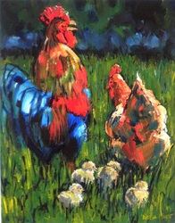 Family Outing colorful quirky fun funny acrylic art painting cartoon of rooster chicken chook chicks by Teresa Mundt Teresa’s Easel