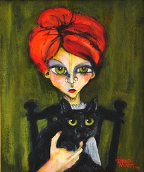 Black Magic colourful colorful quirky fun funny acrylic art painting cartoon of redhaired woman holding cat by Teresa Mundt Teresa’s Easel