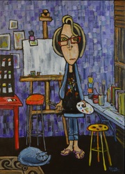 Self Portrait in the Studio colorful quirky fun funny acrylic art painting cartoon of artist painting with cat by Teresa Mundt Teresa’s Easel