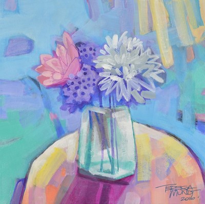 Bouquet by an Open Window colourful colorful quirky fun funky acrylic art painting abstract floral flowers still life by Teresa Mundt Teresa’s Easel