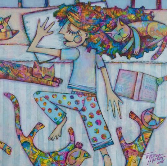Catnap colourful colorful quirky fun funky acrylic art painting cartoon girl sleeping bed cat funny scene by Teresa Mundt Teresa’s Easel