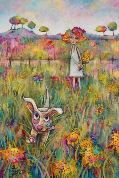 Frolic colourful colorful quirky fun funny funky acrylic art painting cartoon of girl butterfly dog running in field by Teresa Mundt Teresa’s Easel