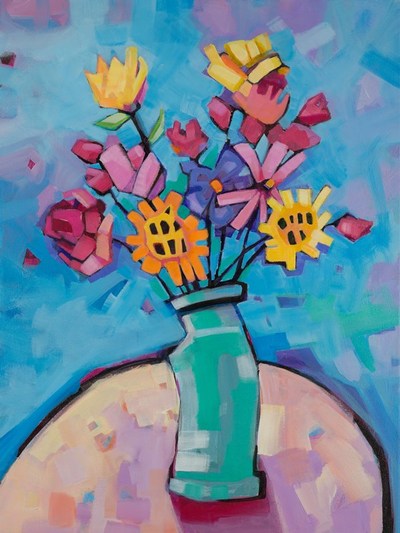 The Green Vase colourful colorful quirky fun funny funky acrylic art painting cartoon of flowers in vase by Teresa Mundt Teresa’s Easel
