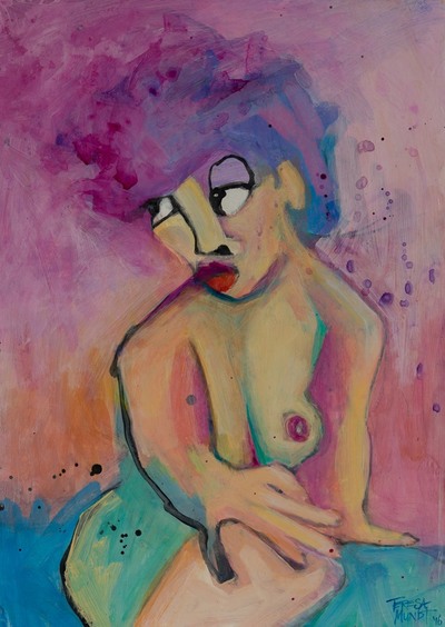 Jeanie colourful colorful quirky fun funny funky acrylic art painting cartoon of girl posing nude by Teresa Mundt Teresa’s Easel