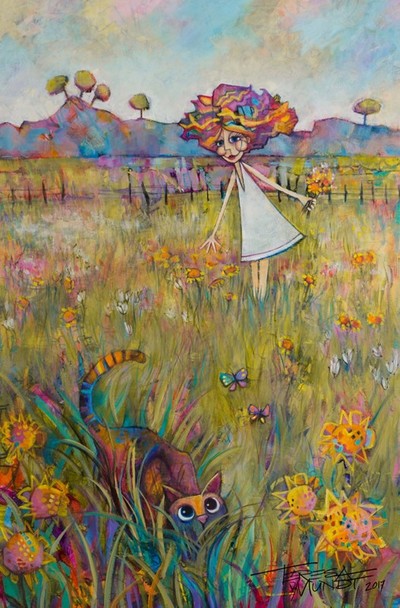 Pounce colourful colorful quirky fun funny funky acrylic art painting cartoon of cat in flower field with girl by Teresa Mundt Teresa’s Easel