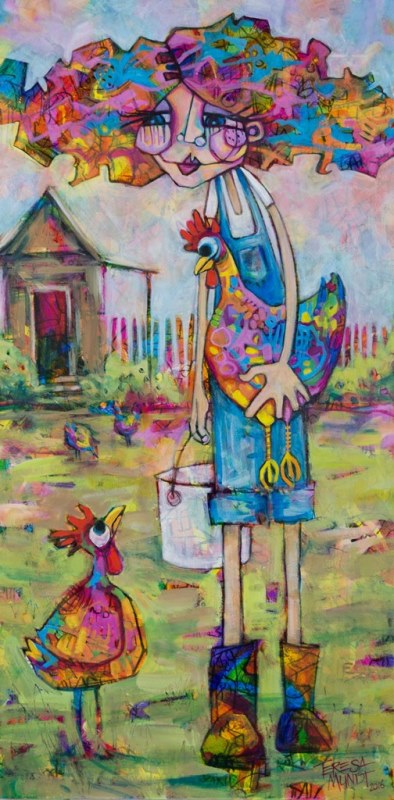 Spoiled Speckled Hen colourful colorful quirky fun funny funky acrylic art painting cartoon of girl and chooks chickens farm by Teresa Mundt Teresa’s Easel