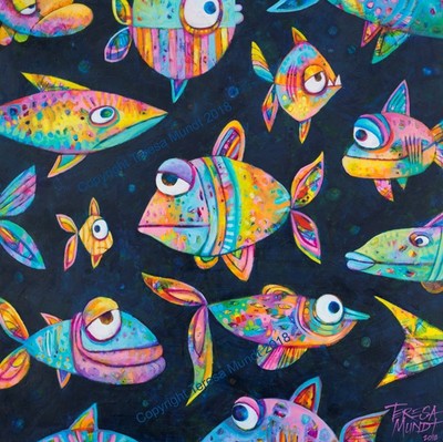 The Daily Grind colourful colorful quirky fun funny funky acrylic art painting cartoon of sea ocean fish by Teresa Mundt Teresa’s Easel
