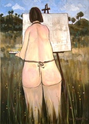 Behind the Scenes colorful quirky fun funny acrylic art painting cartoon female form painting in field by Teresa Mundt Teresa’s Easel