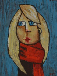 Girl in Red Scarf colorful quirky fun funny acrylic art painting cartoon of woman wearing red scarf by Teresa Mundt Teresa’s Easel
