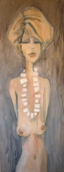 Alabaster Beads colorful quirky fun funny acrylic art painting cartoon of woman lady with pearl necklace by Teresa Mundt Teresa’s Easel