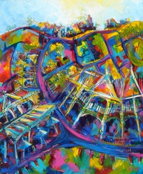 Café by the Quay colorful quirky fun funny acrylic art painting cartoon abstract Fremantle landscape by Teresa Mundt Teresa’s Easel