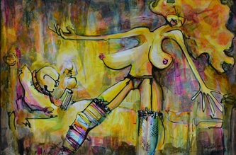 Behind Closed Doors colourful colorful quirky fun funny acrylic art painting cartoon of woman dancing in bedroom by Teresa Mundt Teresa’s Easel