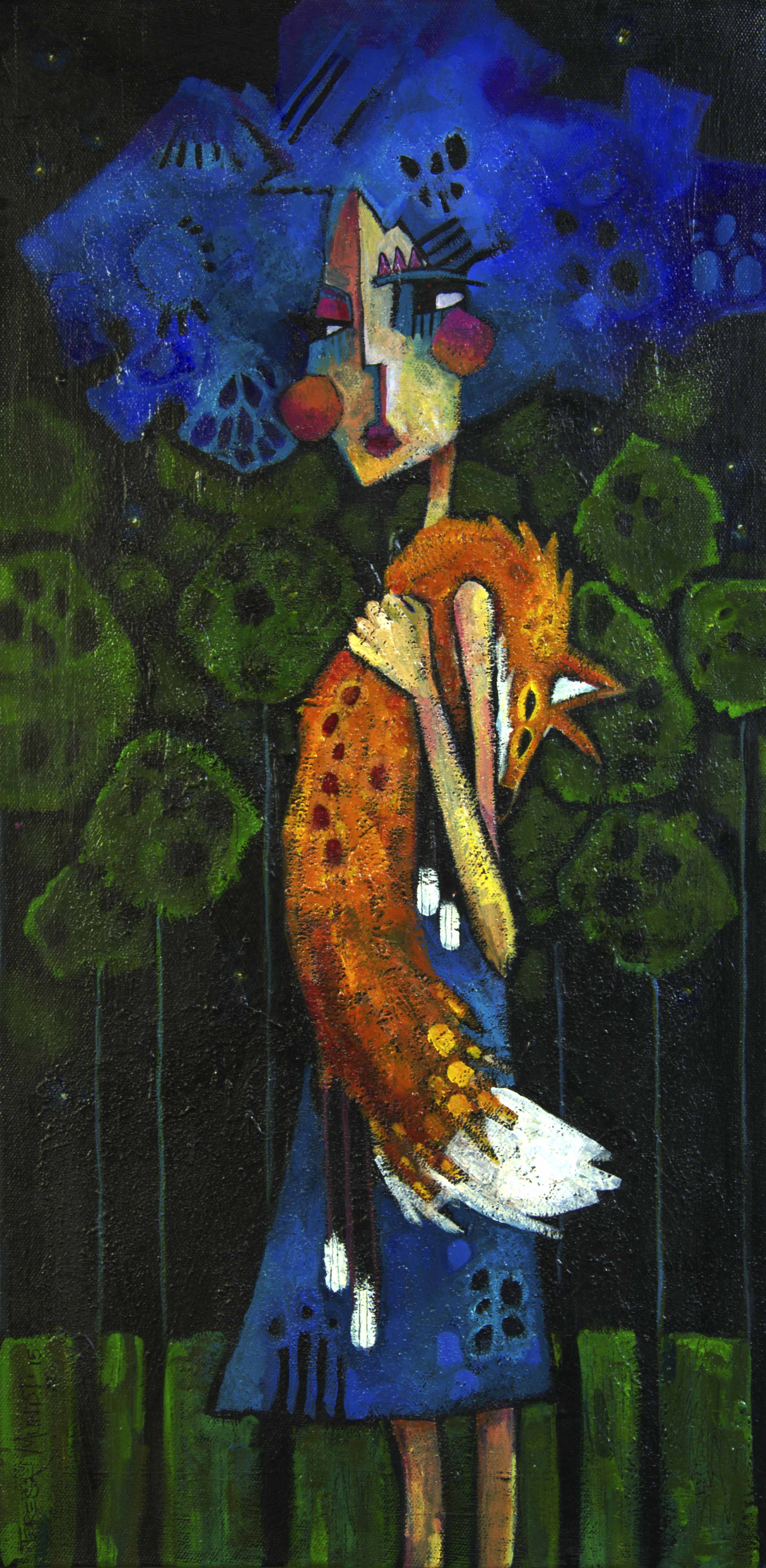 Woman in the Woods colourful colorful quirky funky acrylic art painting cartoon of girl holding fox pelt in dark forest by Teresa Mundt Teresa’s Easel