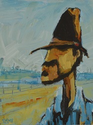 Stockman colorful quirky fun funny acrylic art painting cartoon of jackaroo in akubra by Teresa Mundt Teresa’s Easel