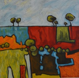 Abstract Landscape colourful colorful quirky fun funky acrylic art painting pink yellow blue abstract landscape scene by Teresa Mundt Teresa’s Easel