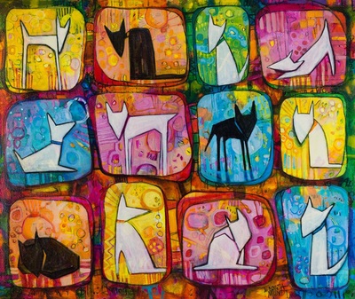 Black Dog White Dog colourful colorful quirky fun funny funky acrylic art painting cartoon of abstract dogs by Teresa Mundt Teresa’s Easel