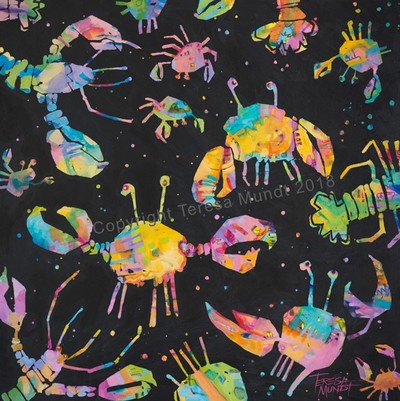 Crustacean Celebration colourful colorful quirky fun funny funky acrylic art painting cartoon of lobsters crabs by Teresa Mundt Teresa’s Easel