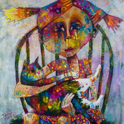 Freckled Friend colourful colorful quirky fun funny funky acrylic art painting cartoon of girl holding cat in chair by Teresa Mundt Teresa’s Easel