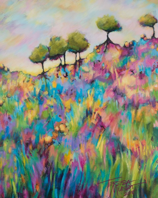 Grasslands colourful colorful quirky fun funky acrylic art painting pink yellow blue abstract landscape scene by Teresa Mundt Teresa’s Easel