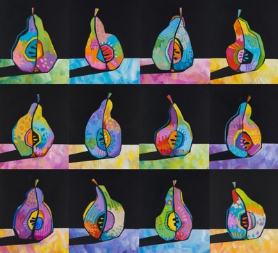 Pears colourful colorful quirky fun funky acrylic art painting abstract fruit still life by Teresa Mundt Teresa’s Easel