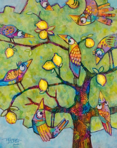 Lemon Lovers colourful colorful quirky fun funny funky acrylic art painting cartoon of birds in lemon tree by Teresa Mundt Teresa’s Easel
