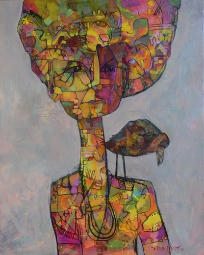 Over My Shoulder colourful colorful quirky fun funny acrylic art painting cartoon of woman with crow on shoulder by Teresa Mundt Teresa’s Easel