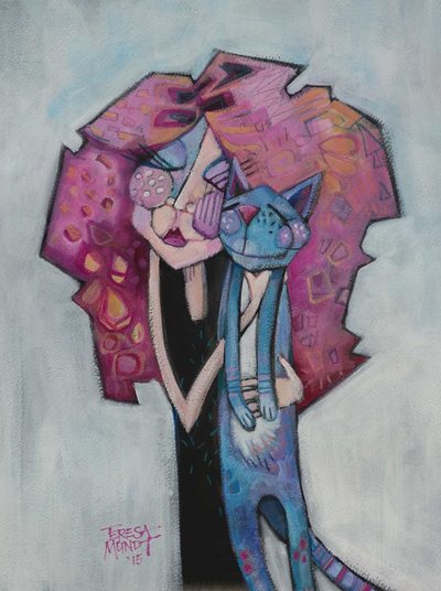 Pussycat Pussycat colourful colorful quirky fun funny funky acrylic art painting cartoon of girl holding cat by Teresa Mundt Teresa’s Easel