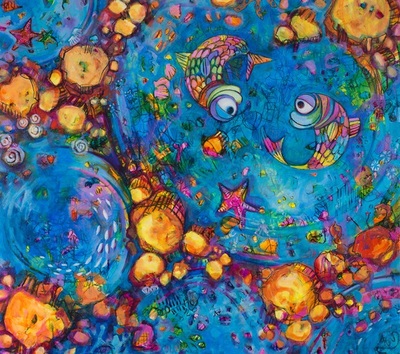 Rock Pool Rendezvous colourful colorful quirky fun funny funky acrylic art painting cartoon of fish starfish rocks in rock pool by Teresa Mundt Teresa’s Easel