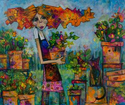 Terracotta Potter colourful colorful quirky fun funny funky acrylic art painting cartoon of girl and pots plants garden by Teresa Mundt Teresa’s Easel